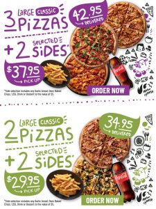 DEAL: Crust - 3 Large Classic Pizzas + 2 Sides $37.95, 2 Large Classic Pizzas + 2 Sides $29.95 Pickup & More Deals 6
