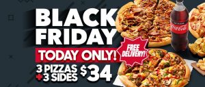 DEAL: Pizza Hut Black Friday - 3 Large Pizzas + 3 Sides $34 Delivered 3