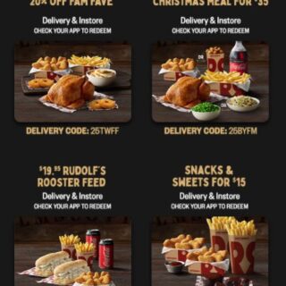 DEAL: Red Rooster - 20% off Fam Fave, $35 Build Your Own Christmas Meal, $19.95 Rudolf's Rooster Feed, $15 Snacks & Sweets 6