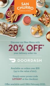 DEAL: San Churro - 20% off on Orders Over $35 via DoorDash (until 28 February 2021) 6 DEAL: San Churro - 20% off on Orders Over $35 via DoorDash (until 28 February 2021) 6