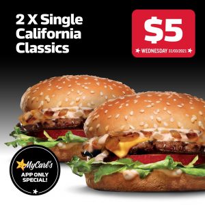 DEAL: Carl's Jr - $5 for 2 Single California Classics via App (31 March 2021) 10