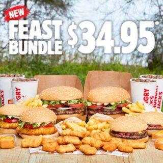 DEAL: Hungry Jack's - $34.95 Feast Bundle (2 Whoppers, 2 Chicken Tendercrisps, 2 Cheeseburgers, 4 Chips, 4 Drinks & 18 Nuggets) 6 DEAL: Hungry Jack's - $34.95 Feast Bundle (2 Whoppers, 2 Chicken Tendercrisps, 2 Cheeseburgers, 4 Chips, 4 Drinks & 18 Nuggets) 6