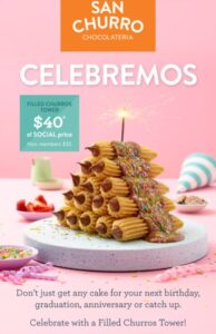 DEAL: San Churro - $40 Filled Churros Tower for El Social Members (Normally $55) 2 DEAL: San Churro - $40 Filled Churros Tower for El Social Members (Normally $55) 2