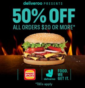 DEAL: Hungry Jack's - 50% off Orders Over $20 via Deliveroo (until 23 May 2021) 30 DEAL: Hungry Jack's - 50% off Orders Over $20 via Deliveroo (until 23 May 2021) 1