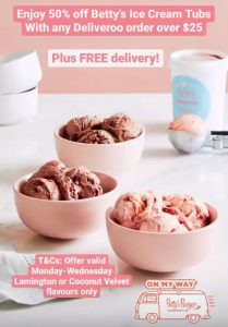 DEAL: Betty's Burgers - 50% off Ice Cream Tubs Over $25 & Free Delivery via Deliveroo on Mondays to Wednesdays 8