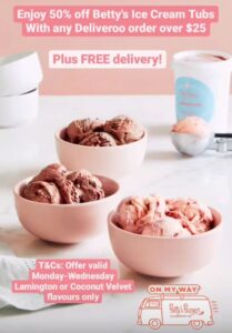 DEAL: Betty's Burgers - 50% off Ice Cream Tubs Over $25 & Free Delivery via Deliveroo on Mondays to Wednesdays 7