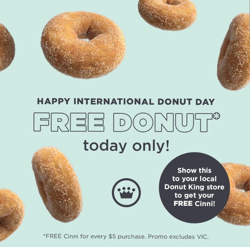 DEAL: Donut King - Free Cinnamon Donut with Every $5 Purchased (4 June 2021) 3