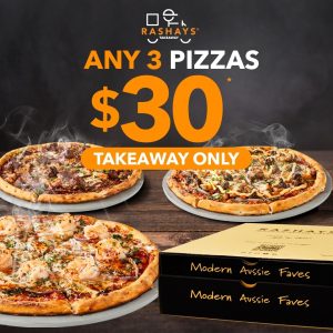 DEAL: Rashays - Any 3 Pizzas for $30 3