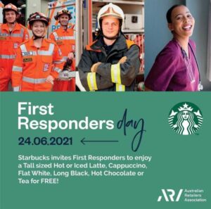 DEAL: Starbucks - Free Tall Size Hot or Iced Latte, Cappuccino, Flat White, Long Black, Hot Chocolate or Tea for First Responders on 24 June 2021 4 DEAL: Starbucks - Free Tall Size Hot or Iced Latte, Cappuccino, Flat White, Long Black, Hot Chocolate or Tea for First Responders on 24 June 2021 4