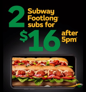 DEAL: Subway - 2 Footlong Subs for $16 after 5pm (until 17 October 2021) 3