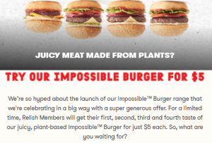 DEAL: Grill'd - $5 Impossible Burger for Relish Members (until 30 November 2021) 1 DEAL: Grill'd - $5 Impossible Burger for Relish Members (until 30 November 2021) 1