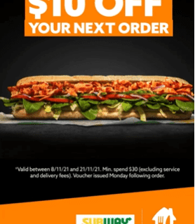 DEAL: Subway - $10 Voucher with $30+ Spend via Menulog 10