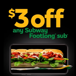 DEAL: Subway - $3 off Any Footlong Sub via Subway App (until 21 November 2021) 8 DEAL: Subway - $3 off Any Footlong Sub via Subway App (until 21 November 2021) 8