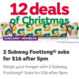 DEAL: Subway - 2 Footlong Subs for $16 After 5pm via Subway App (8 December 2022) 10 DEAL: Subway - 2 Footlong Subs for $16 After 5pm via Subway App (8 December 2022) 10