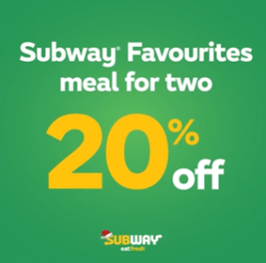 DEAL: Subway - 20% off Favourites Meal for Two via Uber Eats 29