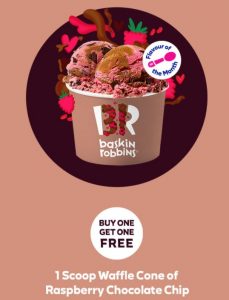 DEAL: Baskin Robbins - Buy One Get One Free Raspberry Chocolate Chip 1 Scoop Waffle Cone for Club 31 Members 5