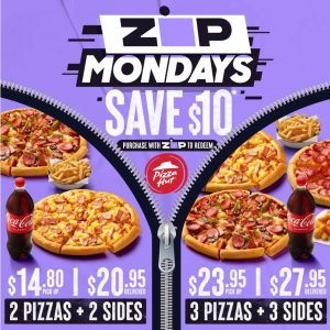 DEAL: Pizza Hut Zip Pay Mondays - 2 Pizzas & 2 Sides for $14.80 Pickup/$20.95 Delivered, 3 Pizzas & 3 Sides $23.95 Pickup/$27.95 Delivered 3