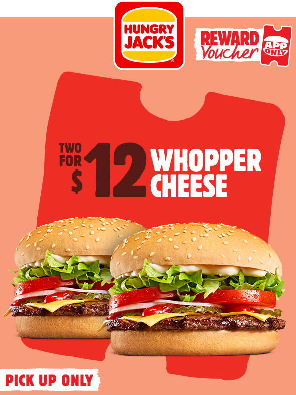 DEAL: Hungry Jack's - 2 Whopper Cheese for $12 via App (until 26