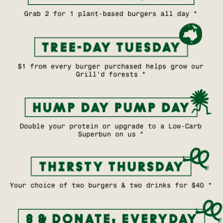 DEAL: Grill'd Relish - 2 for 1 Plant Burgers Monday, Double Protein Wednesdays, 2 Burgers + 2 Drinks $40 Thursdays 8 DEAL: Grill'd Relish - 2 for 1 Plant Burgers Monday, Double Protein Wednesdays, 2 Burgers + 2 Drinks $40 Thursdays 8