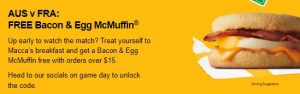 DEAL: McDonald's - Free Bacon & Egg McMuffin $15+ Spend via DoorDash on 23 November 2022 only until 10:30am 32