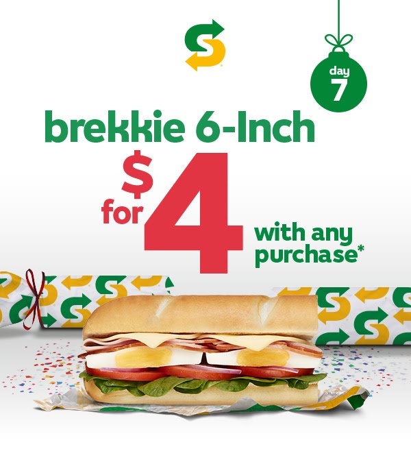 DEAL Subway 4 Brekkie 6Inch Sub with Any Purchase via Subway App