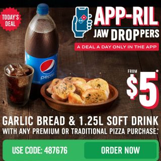 DEAL: Domino's - $5 Garlic Bread & 1.25L Drink with Traditional/Premium Pizza Purchase via Domino's App (19 April 2023) 10