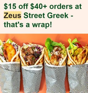 DEAL: Zeus Street Greek - $15 off $40 Spend via DoorDash (until 24 April 2023) 7