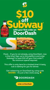 DEAL: Subway - $10 off for New Users with No Minimum Spend via DoorDash (until 21 November 2023) 24