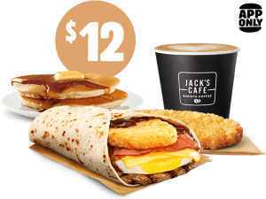 DEAL: Hungry Jack's - $12 Big BBQ Brekky Wrap, 2 Pancakes, Hash Brown & Small Coffee via App 1