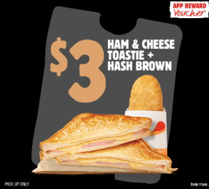 DEAL: Hungry Jack's - $3 Ham & Cheese Toastie + Hash Brown via App (until 15 January 2024) 3