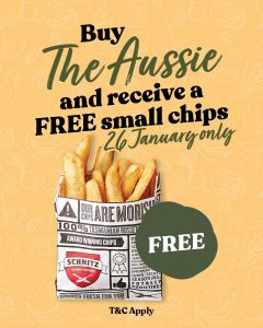 DEAL: Schnitz - Free Small Chips with The Aussie Burger or Wrap Purchase (26 January 2024) 6