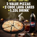 DEAL: Domino’s – 2 Value Pizzas, 2 Choc Lava Cakes, 1.25L Drink $23 Pickup or $31 Delivered via Domino’s App (30 March 2024)