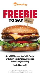 DEAL: Carl's Jr - Free Famous Star with Cheese with $35+ Spend via Menulog 15