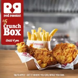 DEAL: Red Rooster - $5 Crunch Box with 2 Pieces Fried Chicken & Small Chips until 4pm (until 23 April 2024) 1