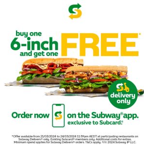 DEAL: Subway - Buy One Get One Free Six-Inch Sub with Delivery via Subway App (until 24 March 2024) 3