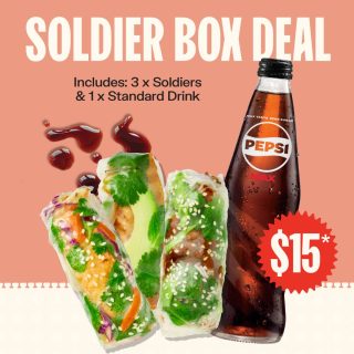 DEAL: Roll'd - 3 Soldier Rice Paper Rolls & Standard Drink for $15 Pickup 10