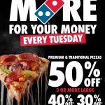 DEAL: Domino’s – 50% off 3 Traditional & Premium Pizzas, 40% off 2 & 30% off 1 on Tuesdays