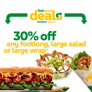 DEAL: Subway – 30% off Any Large Footlong, Large Salad or Large Wrap via App or Online (until 3 December 2024) 6 DEAL: Subway – 30% off Any Large Footlong, Large Salad or Large Wrap via App or Online (until 3 December 2024) 6