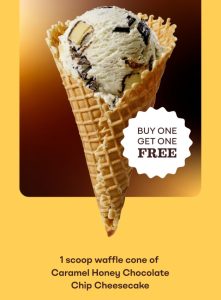 DEAL: Baskin Robbins – Buy One Get One Free Caramel Honey Chocolate Chip Cheesecake 1 Scoop Waffle Cone for Club 31 Members 4