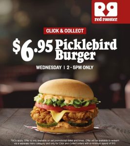 DEAL: Red Rooster - $6.95 Picklebird Burger on 2-5pm Wednesdays Click & Collect 1