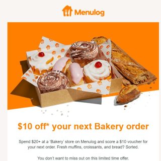 DEAL: Menulog - $10 Voucher for Next Order with $20 Spend at Bakery Store (until 22 September 2024) 7 DEAL: Menulog - $10 Voucher for Next Order with $20 Spend at Bakery Store (until 22 September 2024) 7