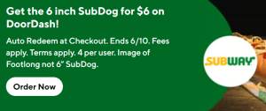 DEAL: Subway - $6 6-Inch SubDog via DoorDash (until 6 October 2024) 13 DEAL: Subway - $6 6-Inch SubDog via DoorDash (until 6 October 2024) 5