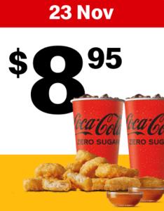 DEAL: McDonald’s - 10 McNuggets & 2 Medium Soft Drinks for $8.95 on 23 November 2024 (30 Days 30 Deals) 1