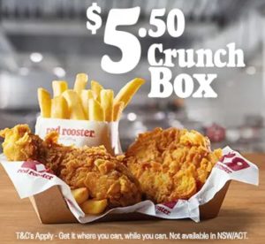 DEAL: Red Rooster - $5.50 Crunch Box with 2 Pieces Fried Chicken & Small Chips 9am-4pm Daily (until 26 August 2025) 1