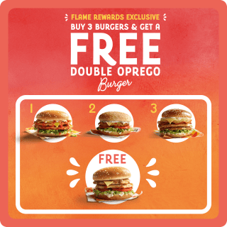 DEAL: Oporto - Buy 3 Burgers and Get a Free Double Oprego Burger via Flame Rewards (until 12 January 2025) 3 DEAL: Oporto - Buy 3 Burgers and Get a Free Double Oprego Burger via Flame Rewards (until 12 January 2025) 3