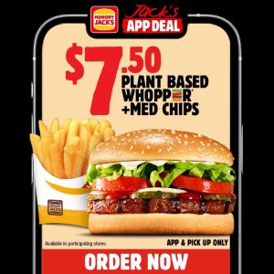 DEAL: Hungry Jack's - Plant Based Whopper & Medium Chips for $7.50 Pickup via App 29 DEAL: Hungry Jack's - Plant Based Whopper & Medium Chips for $7.50 Pickup via App 1