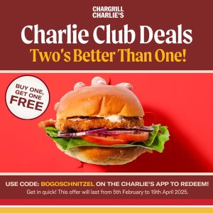 DEAL: Chargrill Charlie's - Buy One Get One Free Chicken Schnitzel Burger with App (until 19 April 2025) 2