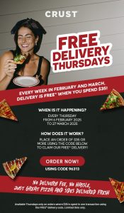 DEAL: Crust Pizza - Free Delivery on Thursdays (until 27 March 2025) 1