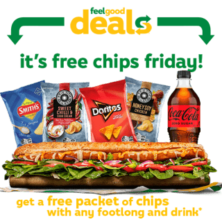 DEAL: Subway - Free 45g Packet of Chips with Footlong Sub & Drink Purchase via App or Online on Fridays (until 14 March 2025) 6 DEAL: Subway - Free 45g Packet of Chips with Footlong Sub & Drink Purchase via App or Online on Fridays (until 14 March 2025) 6