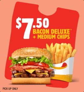 Hungry Jack’s Offers $7.50 Bacon Deluxe + Medium Chips Deal via App until 22 September 2025 29 Hungry Jack’s Offers $7.50 Bacon Deluxe + Medium Chips Deal via App until 22 September 2025 1